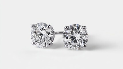 Pair of brilliant cut diamond stud earrings isolated on white background