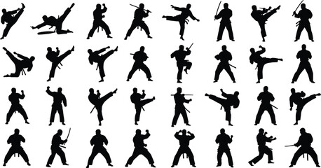 Collection of martial arts silhouettes, ninja and karate fighters in various combat poses, samurai with swords, kicks and fighting graphics, © Ruksana