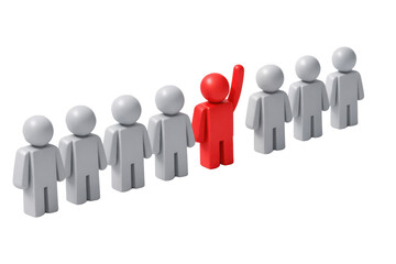 Red plastic figure raising hand in a line of grey figures, standing out from the crowd, leadership concept isolated on white
