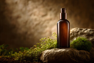 Fototapeta premium Amber Pump Bottle on Mossy Rock in Natural Setting
