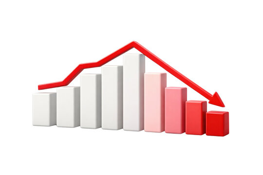3D render white bar chart with red downward trend line and arrow, decreasing values, financial decline, isolated on white