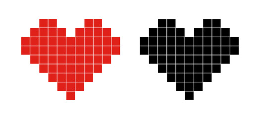 Fototapeta premium Red and black pixel heart icons on white background