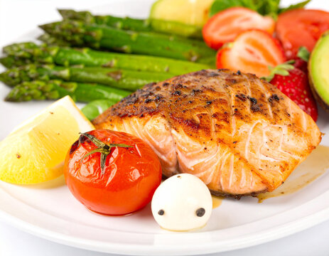Grilled salmon fillet with asparagus tomatoes and lemon on a plate