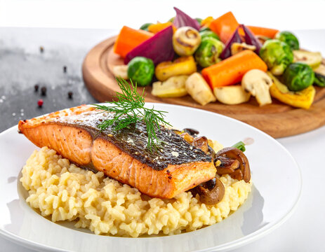 A plate of grilled salmon with rice and vegetables on a table
