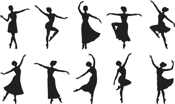 Silhouettes of ballet dancers in graceful poses, showcasing diverse movements and postures, ideal for artistic design, dance education, and performance-themed illustration projects.