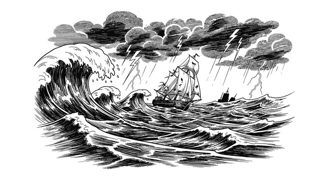 Stormy seas illustration ship navigating waves under thunderous sky