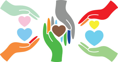 Obraz premium colorful hands holding hearts in different colors on white background