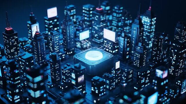 Digital Cityscape with Central Processing Unit Core