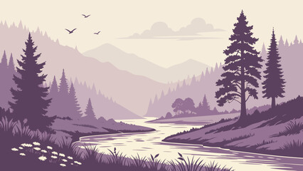 Misty River Valley with Forest and Soft Morning Fog Landscape © Chamok Chandra