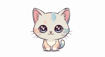 Obraz premium Cute cartoon illustration of a fluffy kitten with big, sparkling eyes and gentle, pastel fur colors, perfect for children's designs and animal lovers