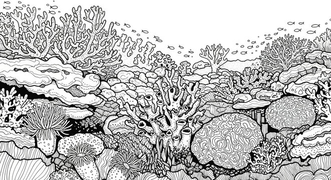 Intricate black and white illustration of a vibrant coral reef ecosystem