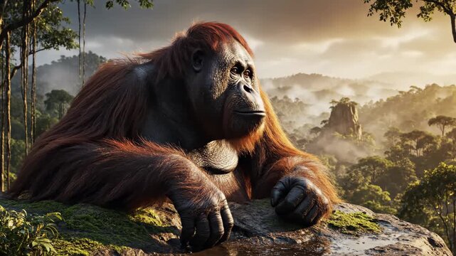 Majestic Orangutan Resting on a Rocky Outcrop in Lush Rainforest
