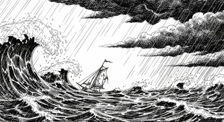 Fototapeta premium Stormy seas illustration boat navigating rough waters under rain and clouds