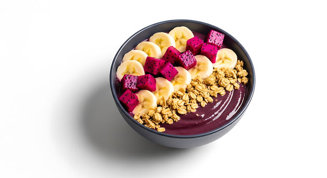 A vibrant acai bowl topped with sliced bananas, diced dragon fruit, and crunchy granola, presented in a dark bowl against a white background.