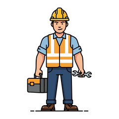 Professional Construction Worker Vector Illustration - Builder with Hard Hat and Tools Concept