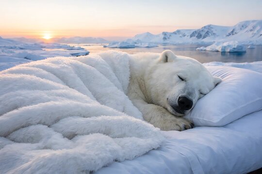 photo of a polar bear sleeping on a bed