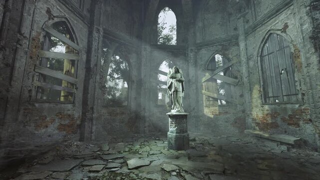 Amidst crumbling walls and shattered windows, a serene statue stands tall in a neglected sanctuary. Soft light filters through the cracks, creating a tranquil atmosphere in this forgotten space.