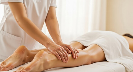 Fototapeta premium Skilled therapist performing leg massage on client's bare skin, soft white towel draped across legs. Gentle leg massage focusing on calves and thighs, hands applying oil for enhanced relaxation.