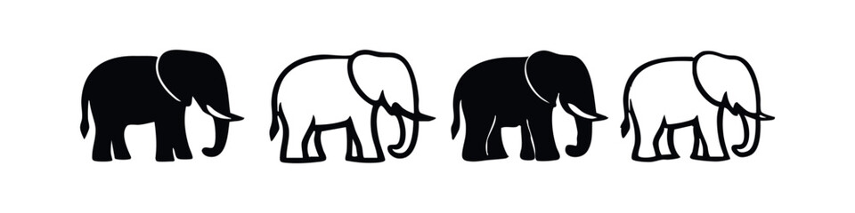 Obraz premium Elephant icon set, walking pose, black silhouettes and outlines on white background.