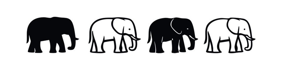 Obraz premium Elephant icon set, stylized walking posture, black silhouettes and outlines on white background.