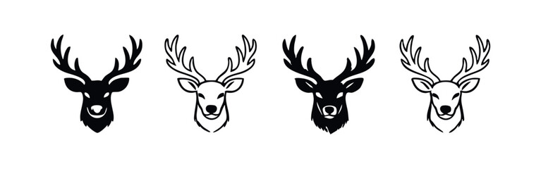 Set of stylized deer head icons with antlers in black and white on a white background