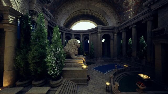 Sundappled garden atrium with sculpted lion and tall evergreen trees, winding steps around reflective pool, rich stone textures and patterned tiles, secluded