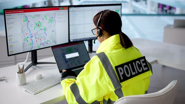 Woman Wearing Headset At Emergency Call Center Using Computer