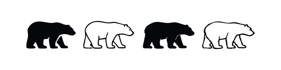 Obraz premium Bear Icon Set - Stylized Walking Bear Silhouettes and Outlines in Black and White, Wild Animal Graphics