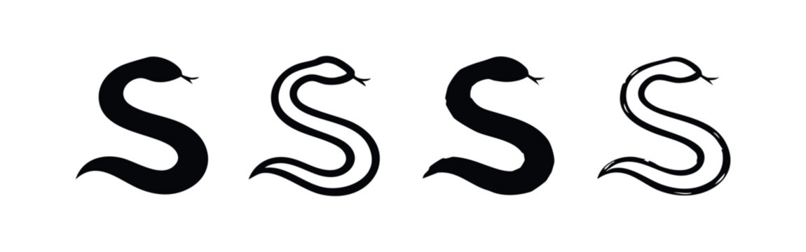 Snake letter S icon set. Stylized S alphabet symbols resembling serpents, black vector illustration.