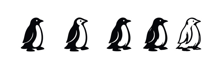 Hand drawn penguin icons set, arctic bird silhouette and outline illustrations. © liubomir118809