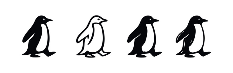 Fototapeta premium Set of Four Stylized Penguin Icons, Antarctic Bird Symbols in Black and White Outline and Solid Fill