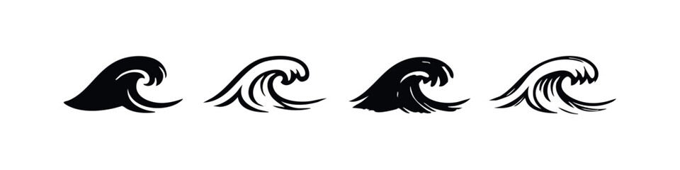 Obraz premium Set of Four Abstract Ocean Wave Icons, Minimalist Water Symbols in Black and White Outline and Solid
