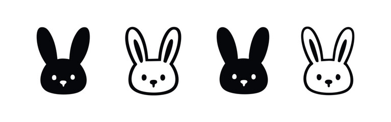 Fototapeta premium Adorable Bunny Head Icons Set - Solid and Outline Vector Illustrations with Round Ears