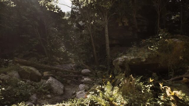mossy forest floor with sunlit rocks and logs, warm rays illuminate textured ground cover, ferns, and scattered stones intimate landscape shot emphasizing