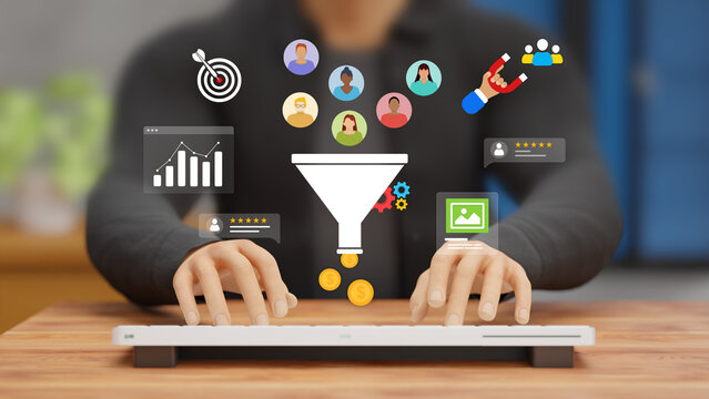 Lead Generation Concept. Customer Retention Strategy. CRO, Conversation Rate Optimization. Convert audience into sales. A Man Using Laptop with Funnel and Lead Generation icons on Virtual Screen. 3D