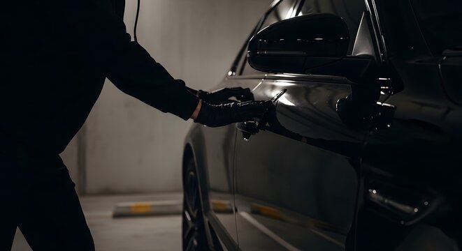 A person in black clothes and gloves is unlocking a car door at night