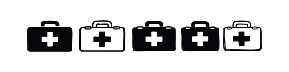 Fototapeta premium First Aid Kit Icons Set. Medical Emergency Box Hand Drawn Doodle Style Vector Illustrations.