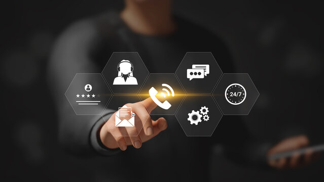 Help Center for Customer Support, User Assistance, Helpdesk, Troubleshooting Guides, Service Solutions and Technical Support. Hotline Service. Businessman Touching Phone Call Icon on Virtual Screen.3D