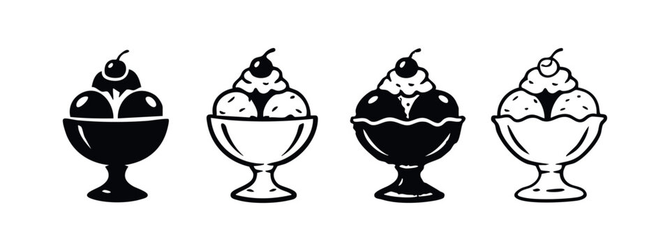 Ice cream sundae icons set. Sweet dessert with scoops, whipped cream, and a cherry in a glass bowl.
