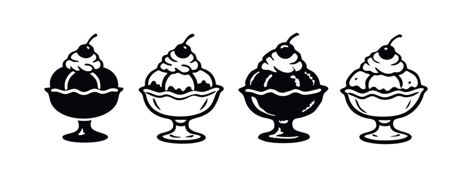 Classic ice cream sundae icons. Dessert with scoops, whipped cream, and a cherry in a rounded glass bowl.