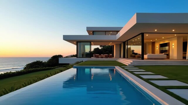 Modern luxury villa with infinity pool overlooking the ocean at sunset
