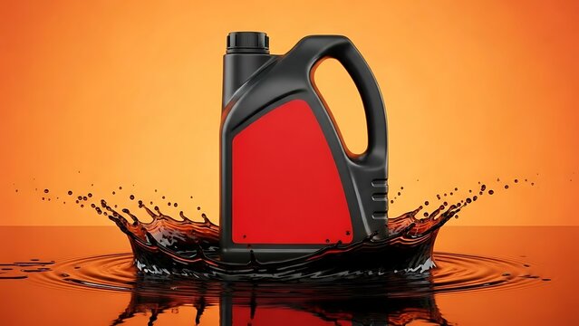 Black and red oil bottle with splashing liquid on orange background