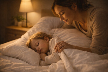 Mother gently covering sleeping child with blanket in warm bedroom light.