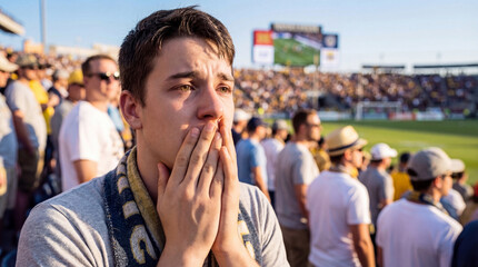 Emotional young man in a scarf covering his face with his hands while watching a tense football match at a crowded outdoor stadium with a bright scoreboard and blurred spectators in the background