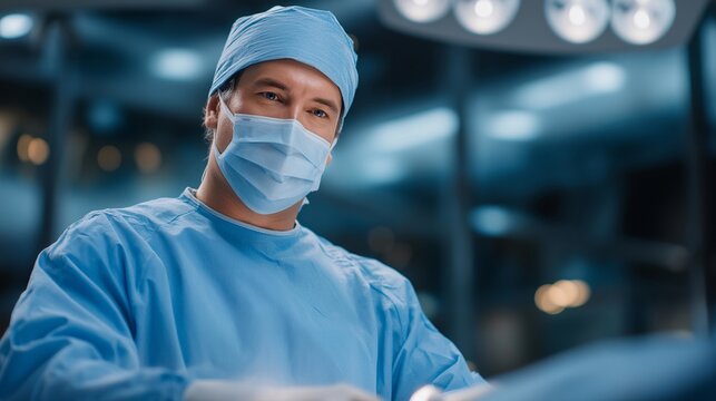 Surgeon performing laparoscopic sleeve gastrectomy procedure in a modern bariatric operating theater, perfect for surgical weight loss concept, bariatric procedure, obesity surgery, modern