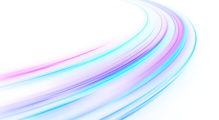 Neon laser motion lines ripple along city road, highway traffic. Blue, purple light trail forms futuristic energy, guiding speed and motion in a smooth flowing wave. Vector png Illustration. © ikril
