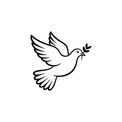Fototapeta premium A black and white vector icon of a flying dove holding an olive branch. This minimalist bird silhouette represents peace and is ideal for logos, signs, and branding.