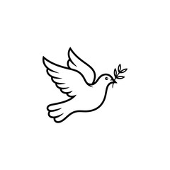 Obraz premium A black and white vector icon of a flying dove holding an olive branch. This minimalist bird silhouette represents peace and is ideal for logos, signs, and branding.