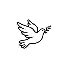Obraz premium A black and white vector icon of a flying dove holding an olive branch. This minimalist bird silhouette represents peace and is ideal for logos, signs, and branding.