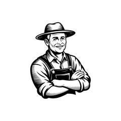 A black and white vector icon of a smiling farmer wearing a hat and overalls with arms crossed. A professional agricultural emblem for farm logos and organic branding.